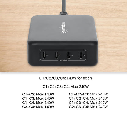 Manhattan 102667 Estación de Carga PD 4 Puertos USB-C 240 W Power Delivery 3.1 GAN, hasta 140 W por Puerto, Carga Rápida Inteligente, Compacta y Segura, Compatible Laptops, Teléfonos y Tablets.