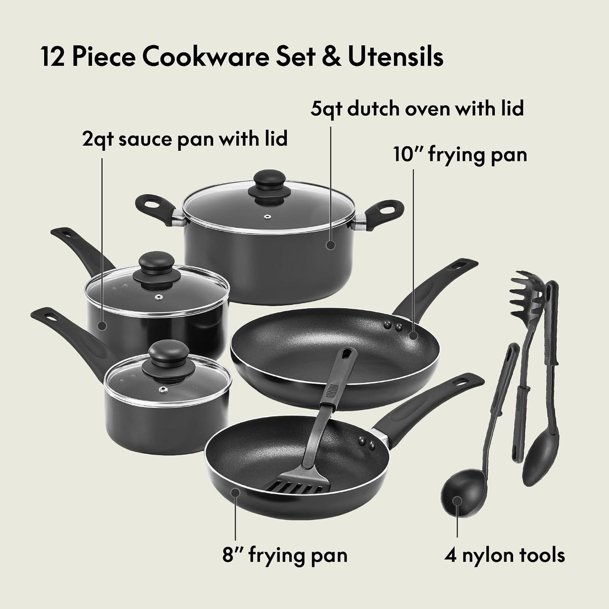 Bella - Juego de utensilios de cocina, 12 ollas y sartenes con utensilios, superficie de cocción antiadherente sin PFOA resistente a los arañazos, compatible con todas las estufas, nailon y aluminio,