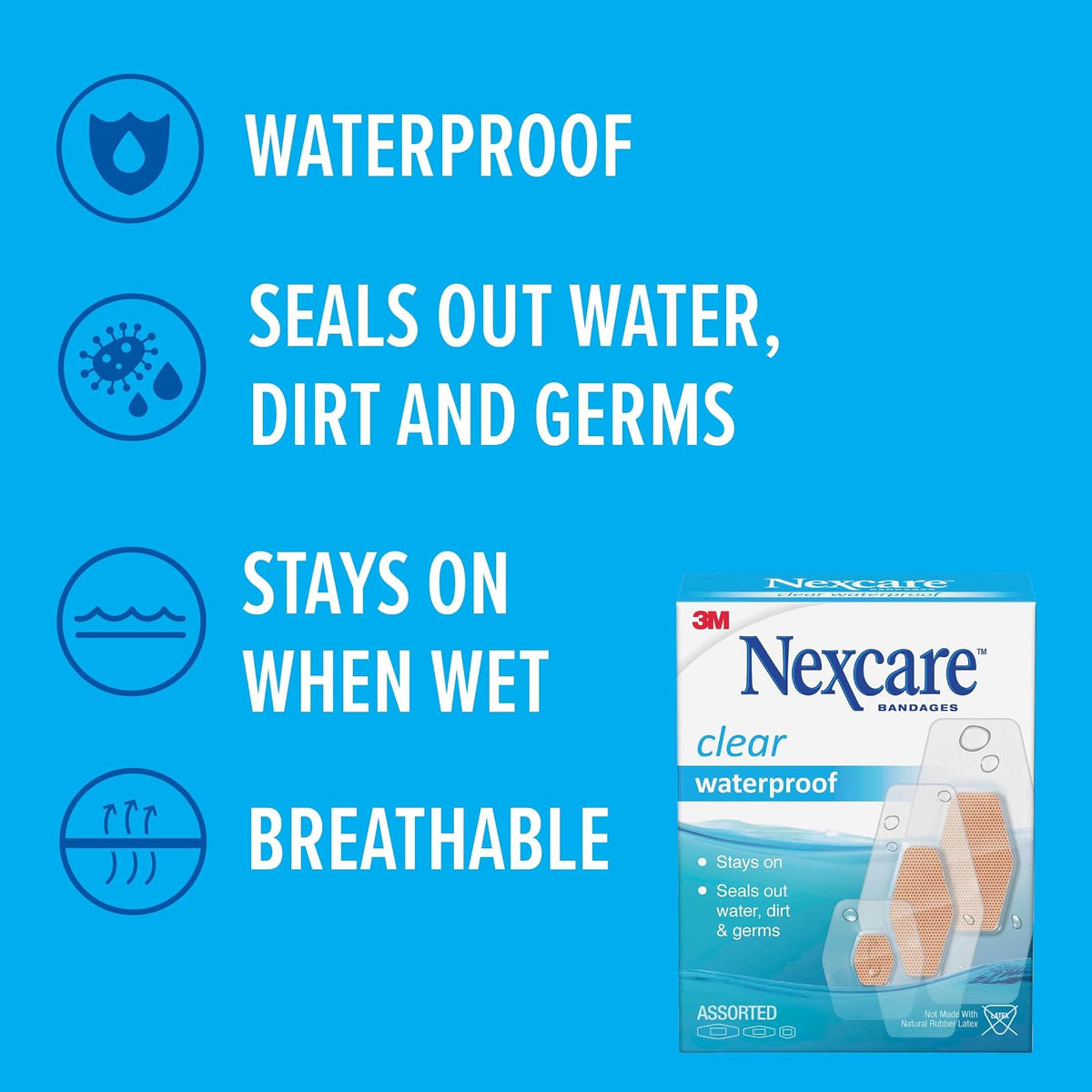 Nexcare Waterproof Clear Bandages For Knee And Elbow, Stays On Skin In The Bath, Shower Or Pool, 2.38 x 3.5 in, 30 Count