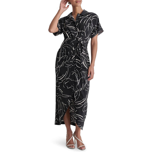 DKNY Vestido de Manga Corta con Cuello con Nudo Frontal VestidoMujer