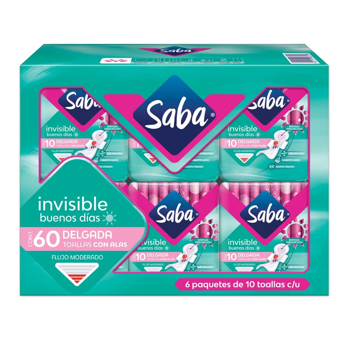 Saba Toalla Femenina con Alas, 60 piezas + Buenas Noches con Alas; Toallas Femeninas Nocturnas XL, Flujo Súper Abundante; 28 Toallas