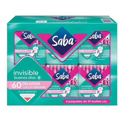 Saba Toalla Femenina con Alas, 60 piezas + Buenas Noches con Alas; Toallas Femeninas Nocturnas XL, Flujo Súper Abundante; 28 Toallas