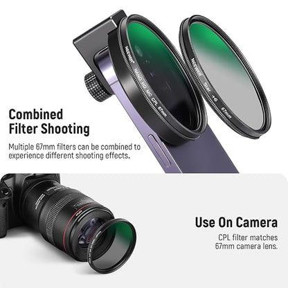 NEEWER CPL Filtro para Móvil, 67mm Lente de Cámara Filtro Polarizador con Clip de Móvil Zapata Fría Compatible con iPhone 16 15 14 Pro MAX 13 Pro MAX 13 Mini 12 11 X XS MAX Samsung Galaxy, FL-27