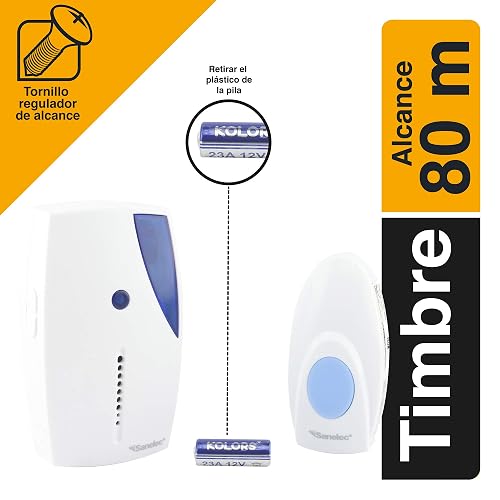 SANELEC, Timbre Inalámbrico con Clavija, Botón Transmisor a Prueba de Agua, Control de Volumen, Color Azul, Alcance de 80 metros, Modelo 2647
