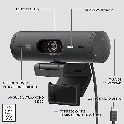Logitech Brio 500 Webcam 1080p Full HD Autocorrección de Luz, Autoencuadre, Visualización, Mics con Reducción de Ruido, para Microsoft Teams, Google Meet, Zoom - Color Grafito