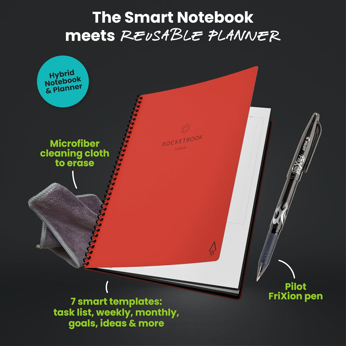 Rocketbook Cuaderno Inteligente Fusion - Gris | Seguimiento de objetivos, planificación de proyectos y toma de notas en un cuaderno