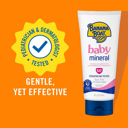 Banana Boat Baby 100% Mineral, Tear-Free, Reef Friendly, Broad Spectrum Sunscreen Lotion, SPF 50, 6oz. , 2 Count (Pack of 1)