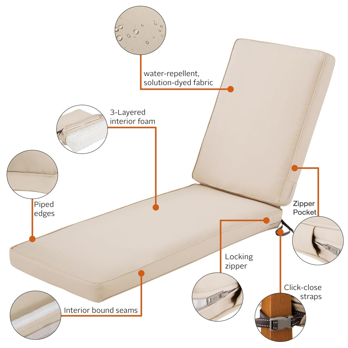 Classic Accessories Montlake Chaise - Cojín de espuma y funda antideslizante, Beige antiguo, 80 in L x 26 in W x 3 in T