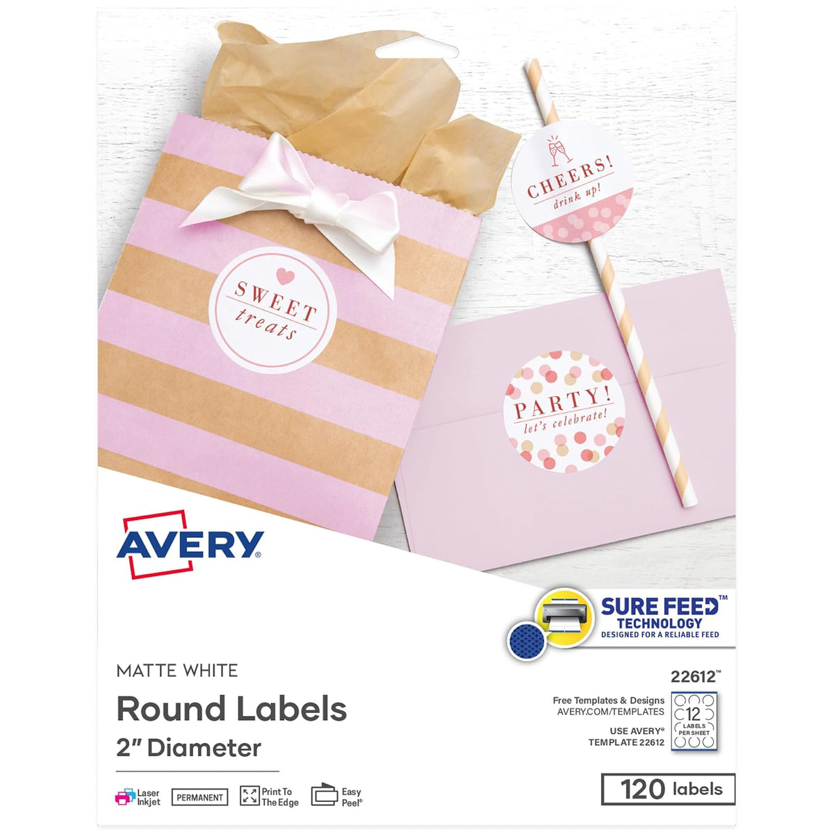 Avery - Etiquetas redondas, 2 pulgadas de diámetro, tecnología Sure Feed, impresión al borde, fácil de pelar, láser/inyección de tinta, permanente, 120 etiquetas circulares en blanco en total (22612) - Una talla - 120 etiquetas
