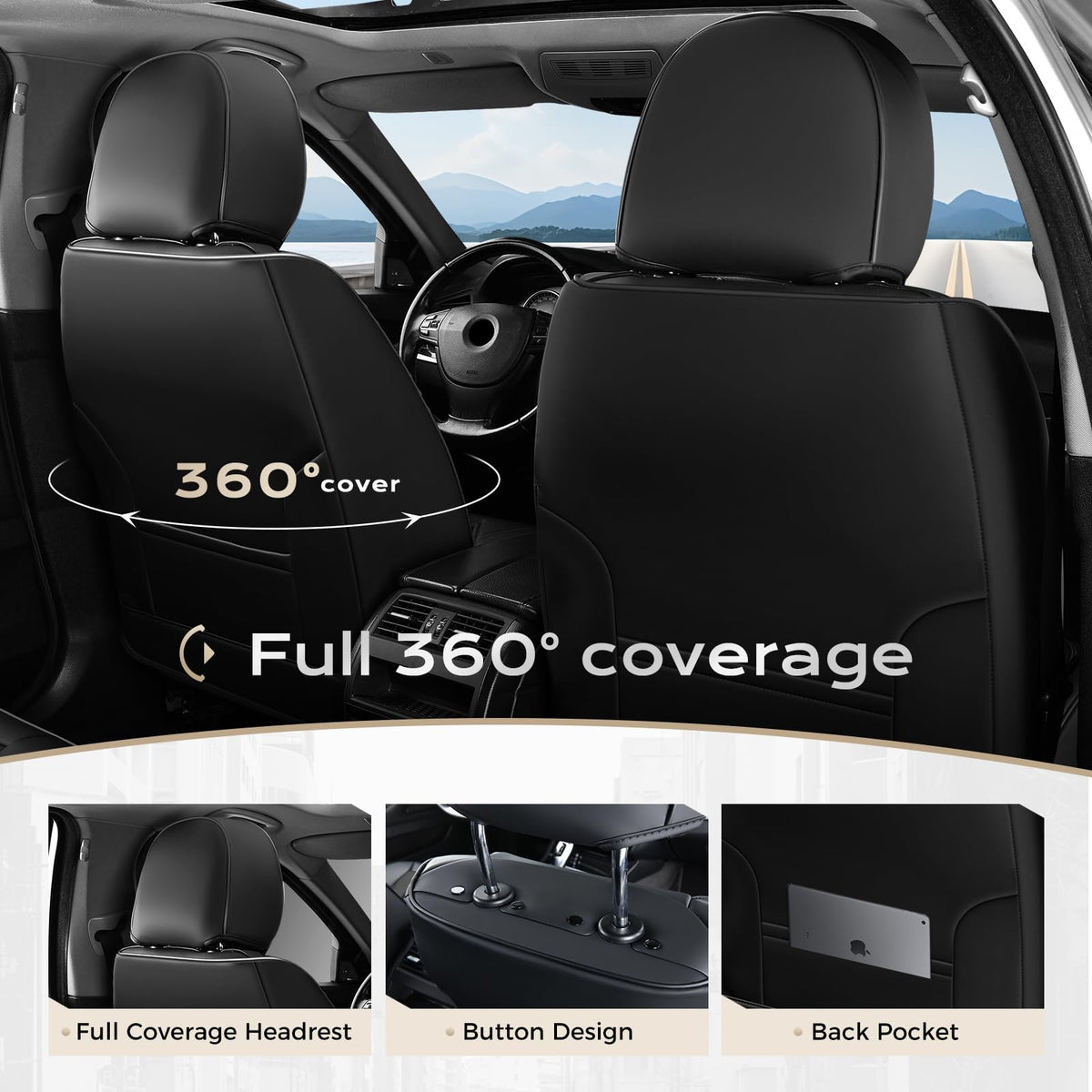 Coverado Juego Completo de Fundas de Asiento de Automóvil, Fundas de Asiento para Automóviles, Fundas de Asiento Delantero y Funda de Asiento Trasero, Funda Impermeable de Piel para Asiento automotriz