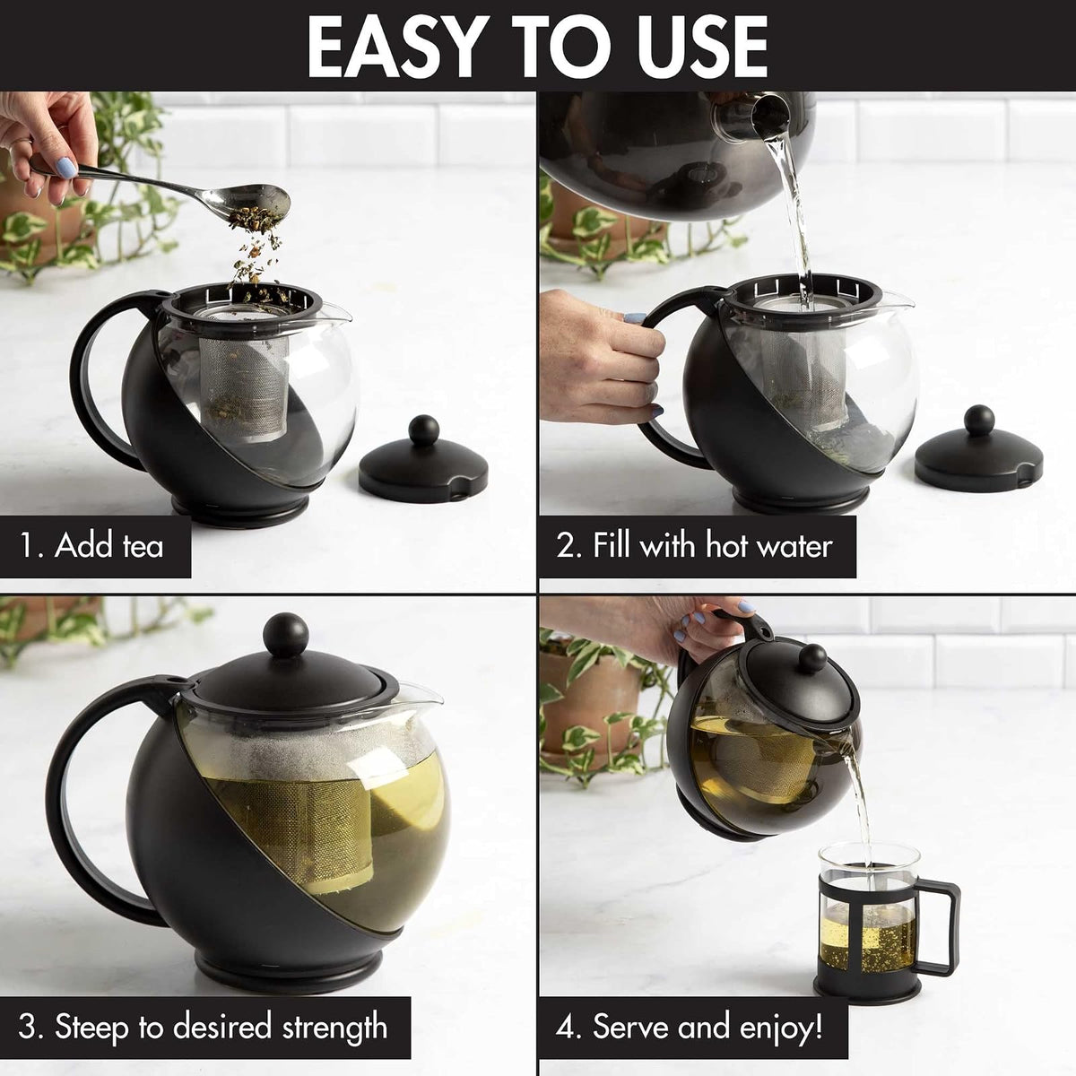 Primula - Tetera de media luna con infusor extraíble, cristal de borosilicato, filtro de acero inoxidable, apto para lavavajillas, 40 onzas, set de regalo negro