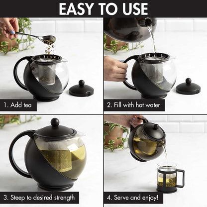Primula - Tetera de media luna con infusor extraíble, cristal de borosilicato, filtro de acero inoxidable, apto para lavavajillas, 40 onzas, set de regalo negro