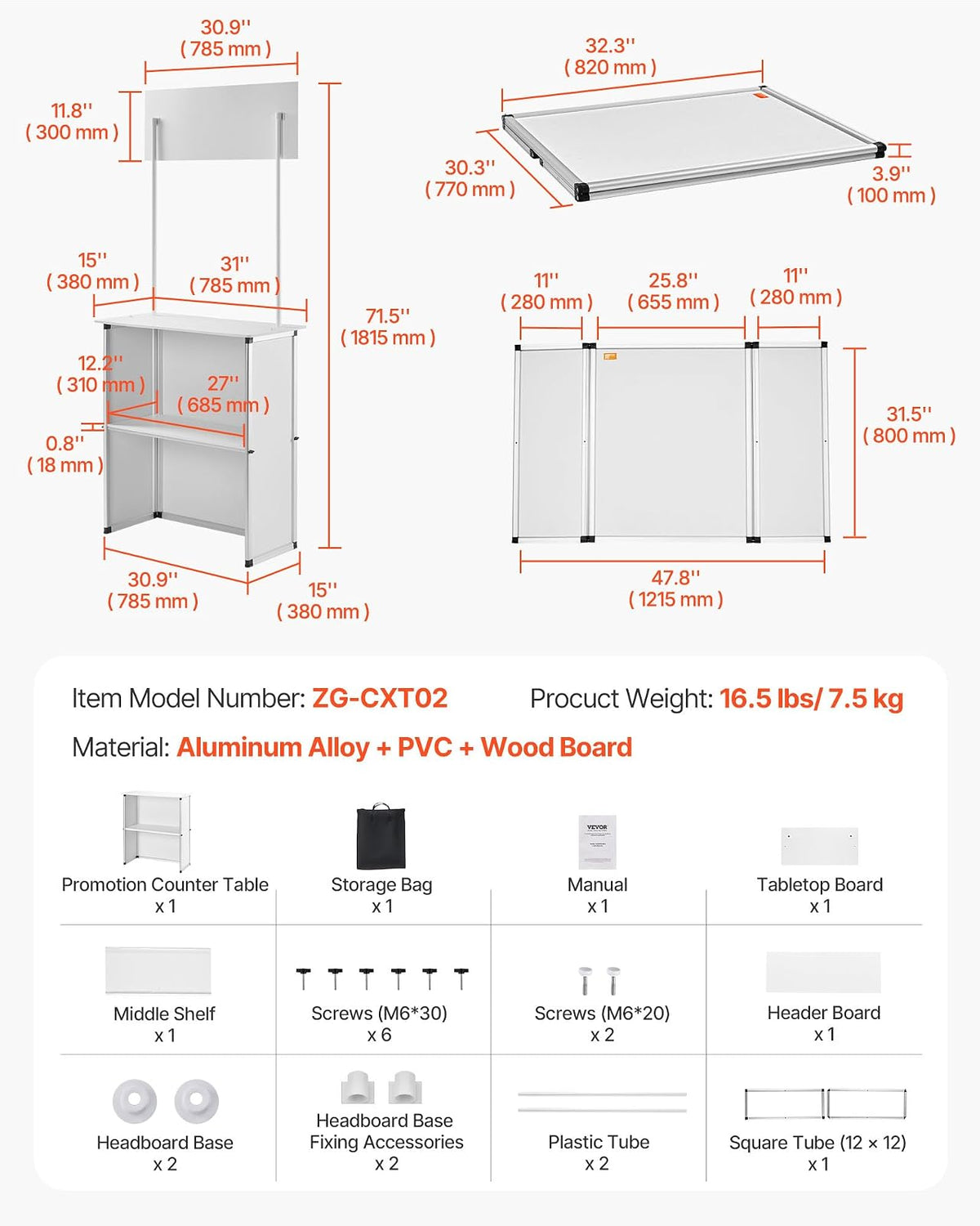 VEVOR Mesa de promoción para mostrador, Mesa de podio portátil, 31 x 15 x 71 Pulgadas, Soporte de exhibición para mostrador de exposiciones con Pared, podio desplegable con Estante de