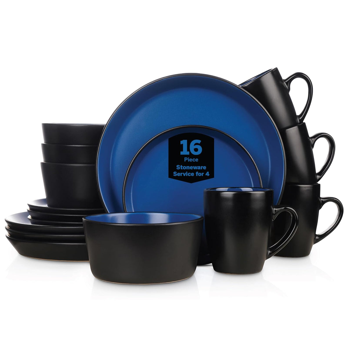 Stone Lain Juego de Vajilla de Gres, Servicio para 4, Blanco Moteado - 16 Piece - Service for 4 - Azul - negro