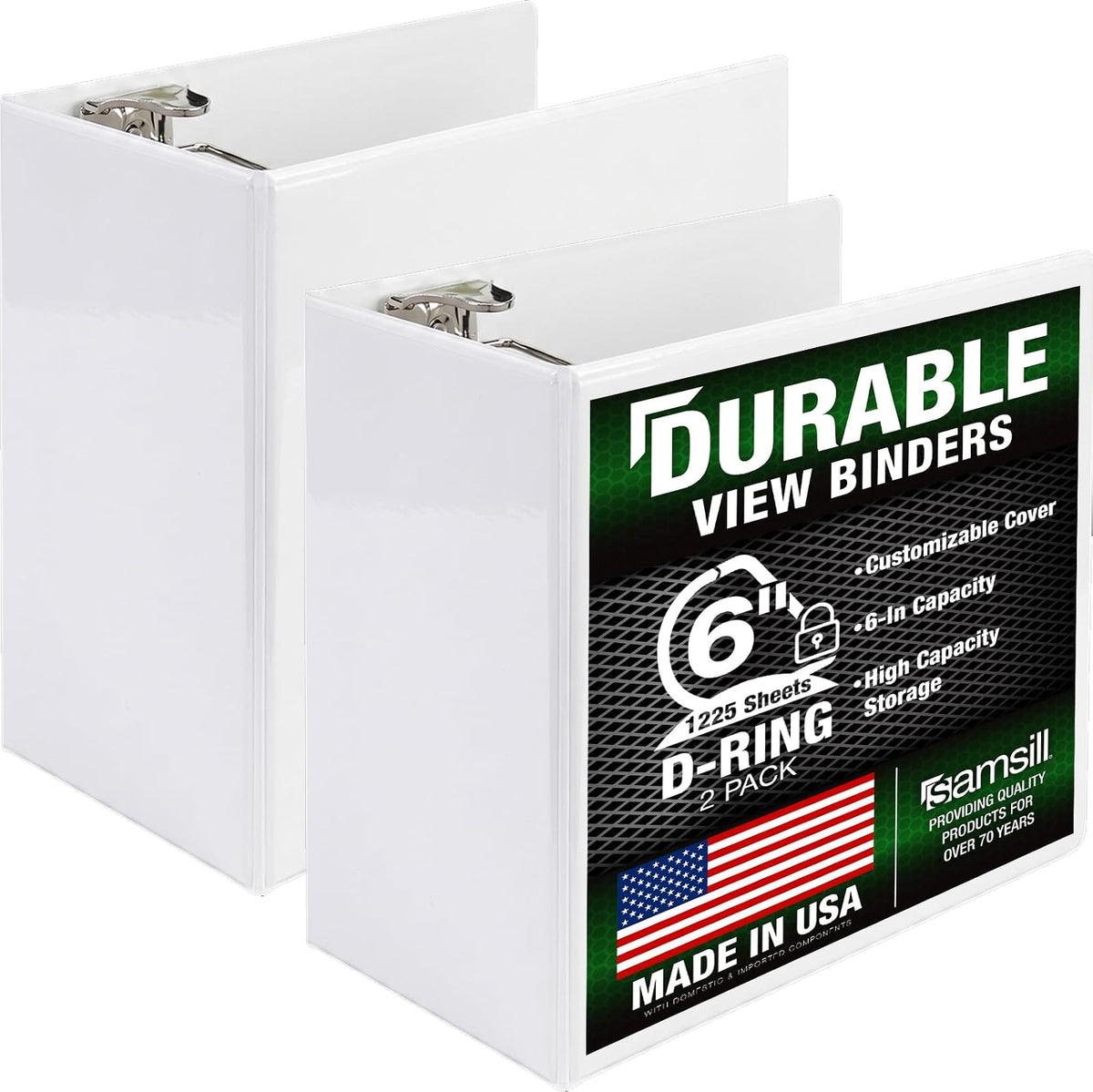 Samsill Carpeta duradera de 3 anillas de 6 pulgadas, fabricada en Estados Unidos, con anillo en D FSC 100% reciclado aglomerado, blanco, paquete de 2