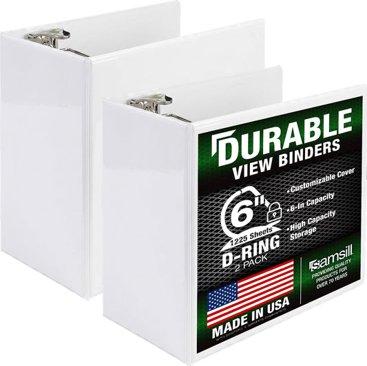 Samsill Carpeta duradera de 3 anillas de 6 pulgadas, fabricada en Estados Unidos, con anillo en D FSC 100% reciclado aglomerado, blanco, paquete de 2
