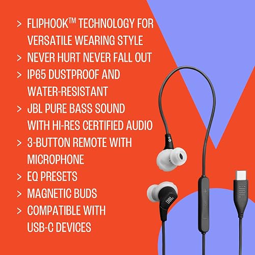 JBL Endurance Run 3C USB-C Auriculares Intrauditivos | Con Cable USB-C para Deportes, IP65, Resistente al Agua, Sonido Pure Bass Certificado