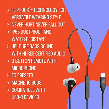 JBL Endurance Run 3C USB-C Auriculares Intrauditivos | Con Cable USB-C para Deportes, IP65, Resistente al Agua, Sonido Pure Bass Certificado