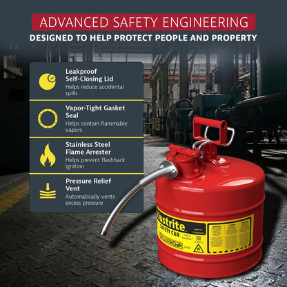 Justrite 7250130 Galvanized Steel, AccuFlow Type II Red Safety Can with 1" Flexible Spout, Large ID zone, Meets OSHA & NFPA For Handling Hazardous liquids. 5 Gallon (19L) Size.