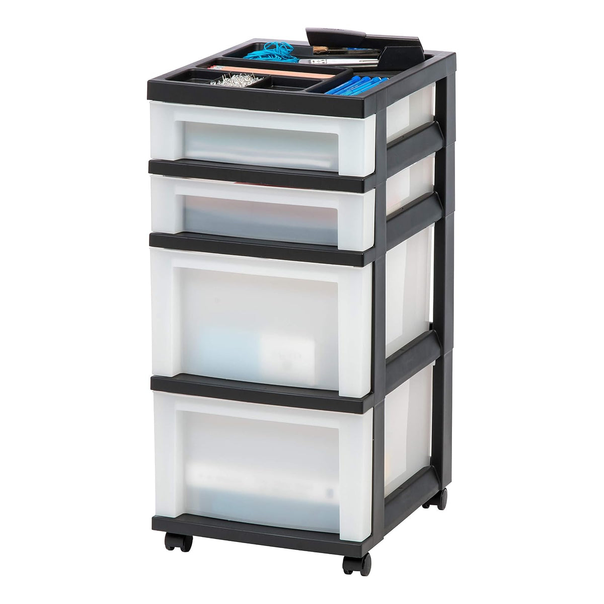 IRIS USA Carrito Organizador con Ruedas de 7 Cajones, Negro/Perla | Organiza manualidades, artículos de oficina, salón y accesorios con cajones de fácil acceso para uso diario - 4 Cajones - Negro - Perla