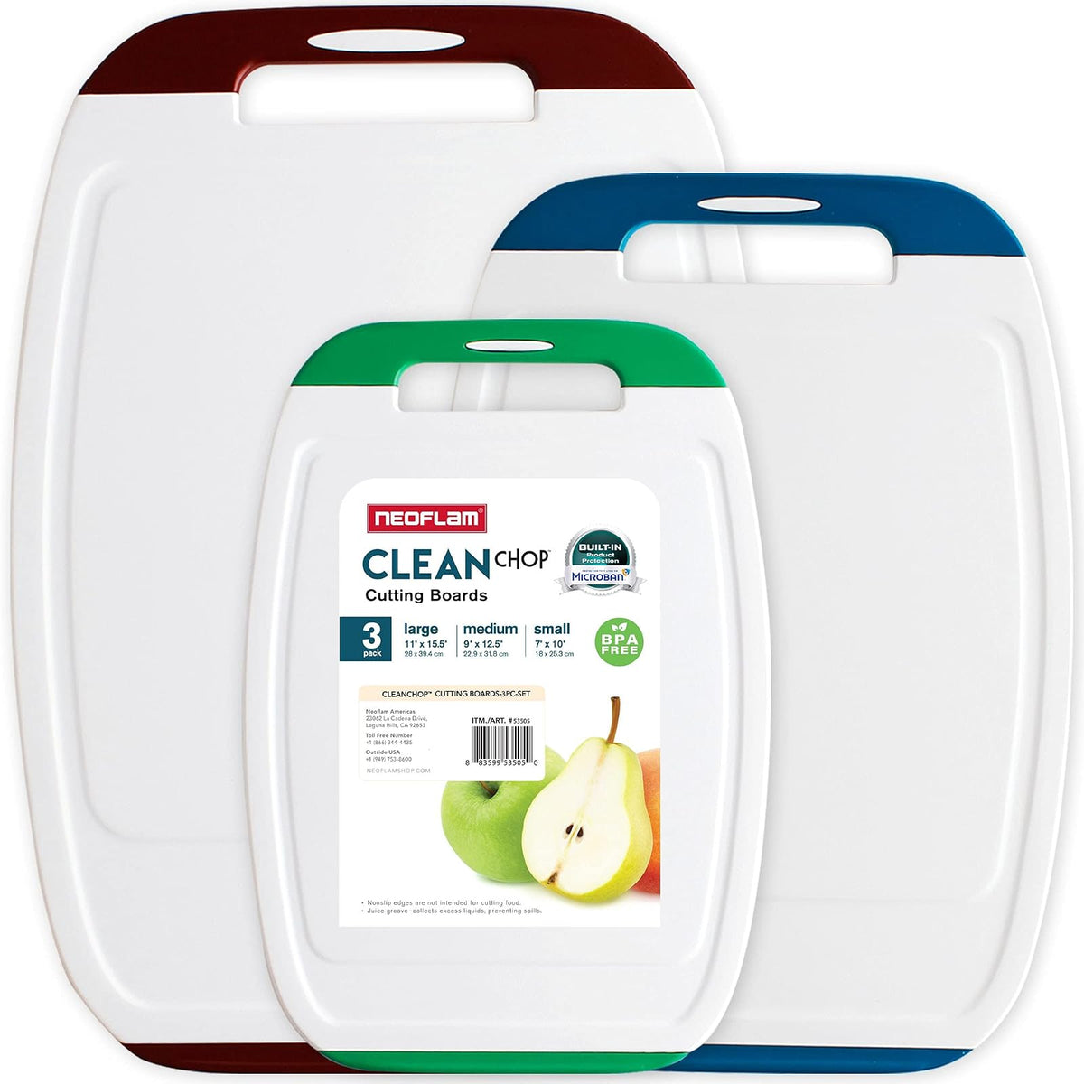 Neoflam Microban Juego de Tabla de Cortar de 3 Piezas | Multicolor, tamaños S/M/L, inversión de manchas y olores, apto para lavaplatos, BPA Free, mango antideslizante EZ Grip