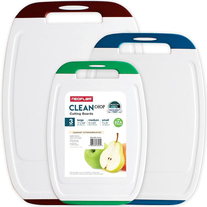 Neoflam Microban Juego de Tabla de Cortar de 3 Piezas | Multicolor, tamaños S/M/L, inversión de manchas y olores, apto para lavaplatos, BPA Free, mango antideslizante EZ Grip