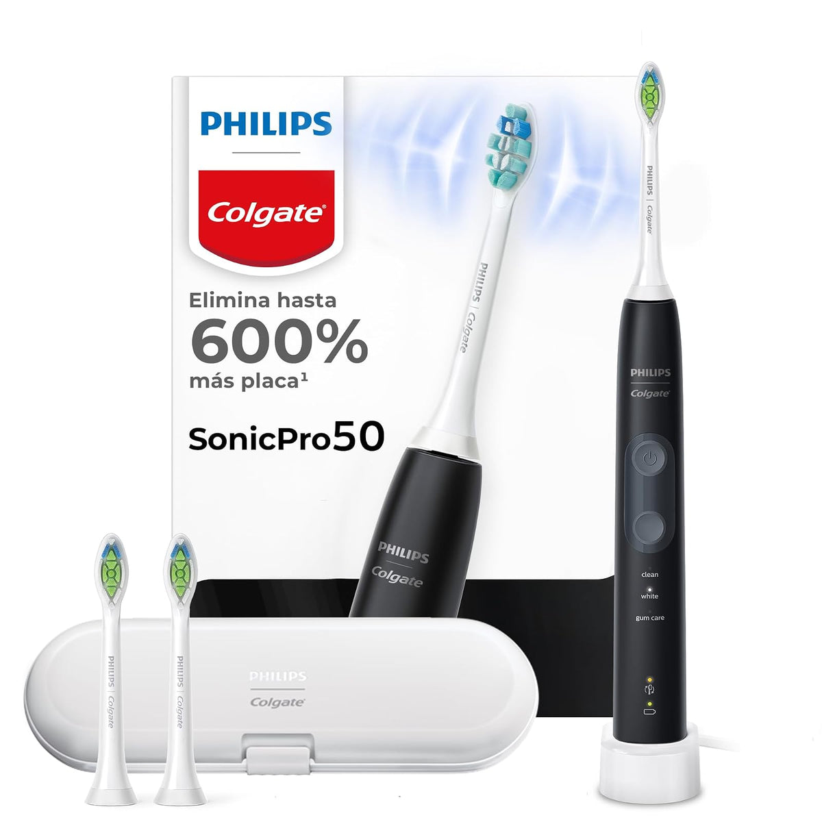 Philips Colgate Cepillo Dental Eléctrico SonicPro 50 Dientes Más Blancos | Limpia, Blanquea y Cuida Encías para una Buena Higiene Bucal, Remueve hasta 600% Más Placa