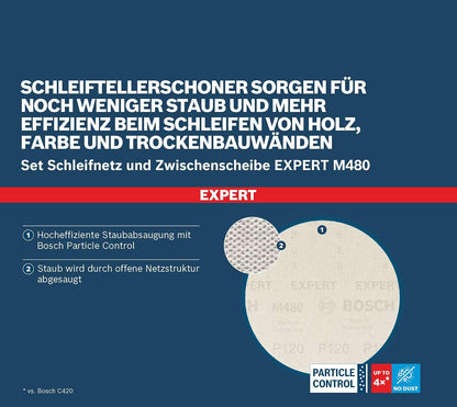 Bosch | Kit 6 Discos de lija | EXPERT M480 125mm + 1 plato | Para pintura sobre madera, madera dura, grano 2 x 80, 2 x 120, 2 x 180, accesorio profesional, lijadora orbital aleatoria