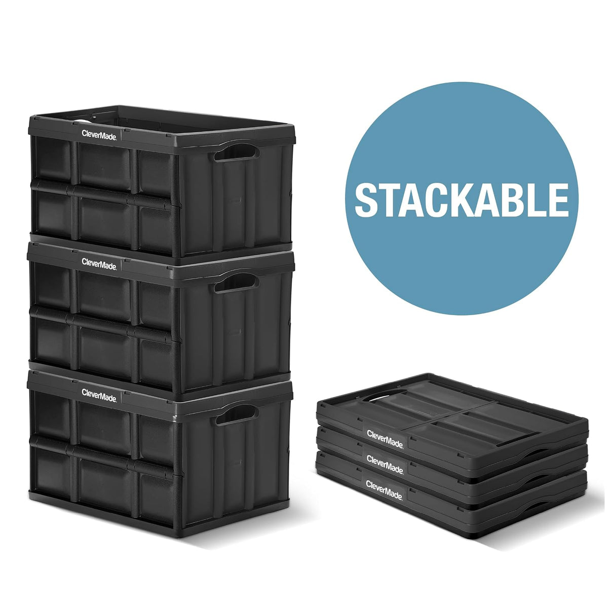 CleverMade Contenedores Plegables de Almacenamiento, Paquete de 3, 46 L, Apilables, Bronceado