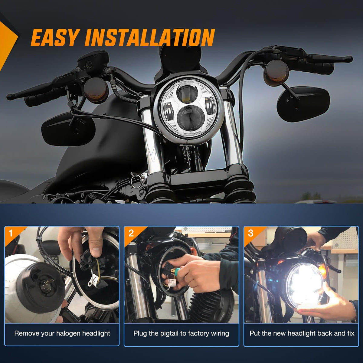 Nilight TL-411 Faros Delanteros LED para Motocicleta Harley Davidson 5.75 in, Compatible con Sportster/Dyna/Softail, Cromo