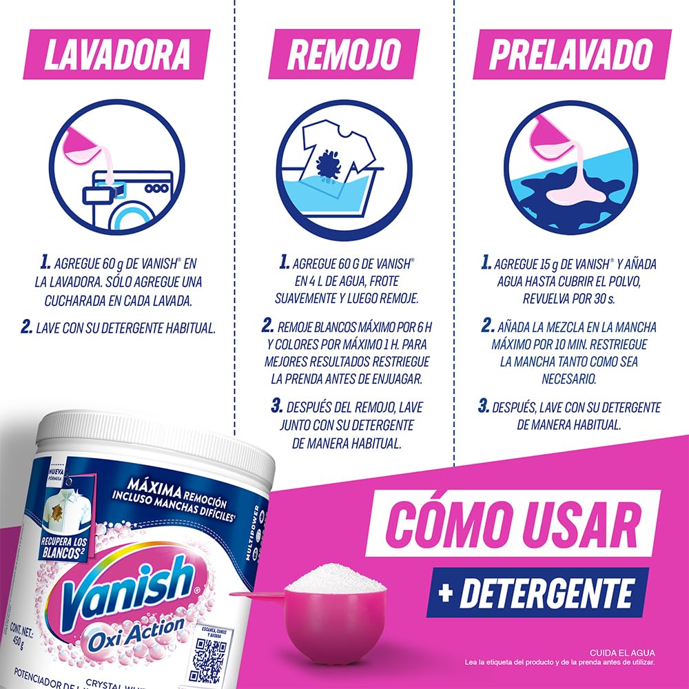 Vanish Quitamanchas Desinfectante en Polvo color Blanco 450g (Paquete de 2)