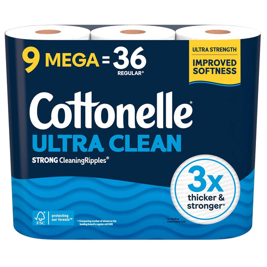 Cottonelle Ultra Clean Papel higiénico, 9 Mega Rollos = 36 Rollos regulares, el embalaje puede variar
