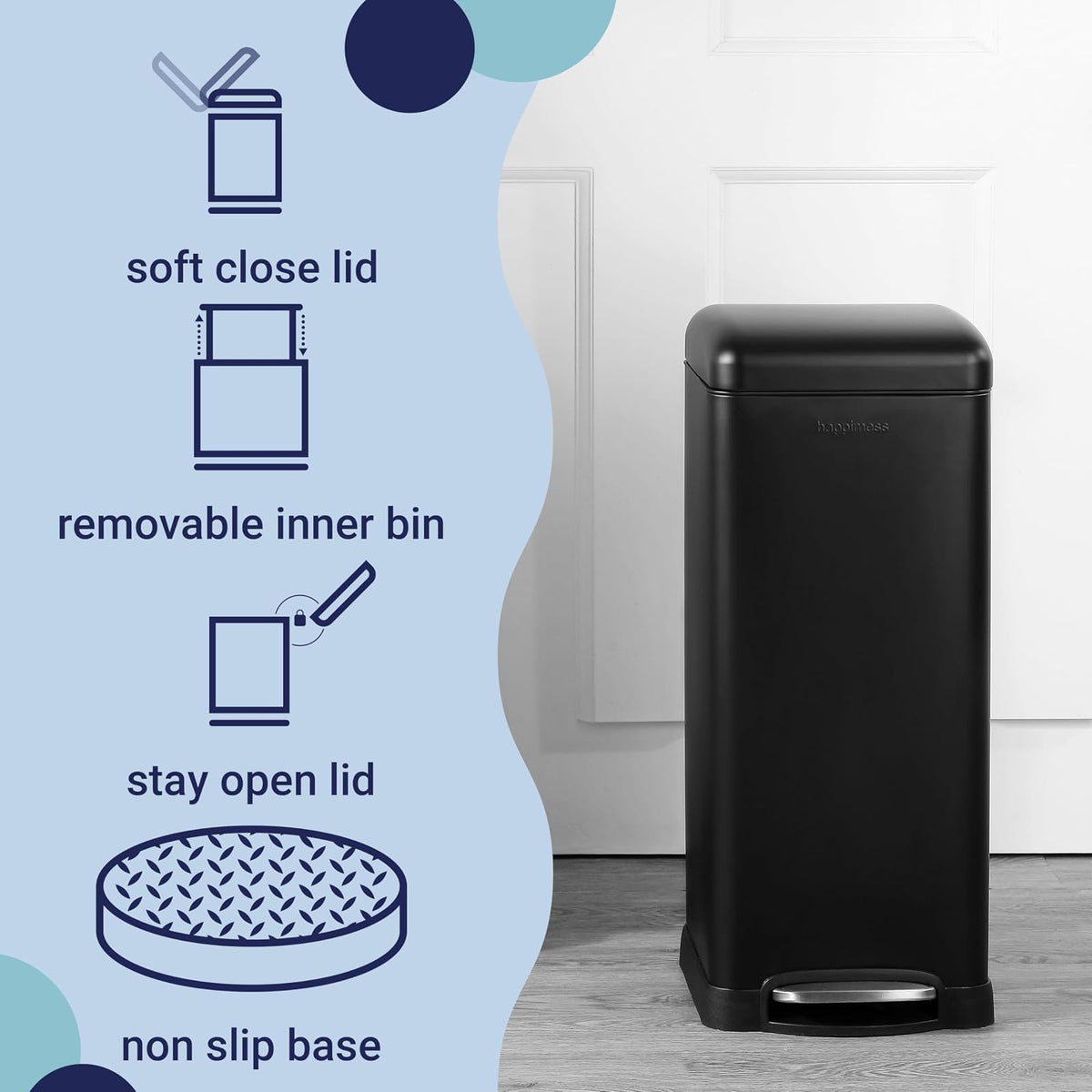 happimess HPM1007B Betty Retro Bote de basura con tapa de cierre suave, resistente a las huellas dactilares, moderno, minimalista para el hogar, cocina, lavandería, oficina, recámara, baño, negro