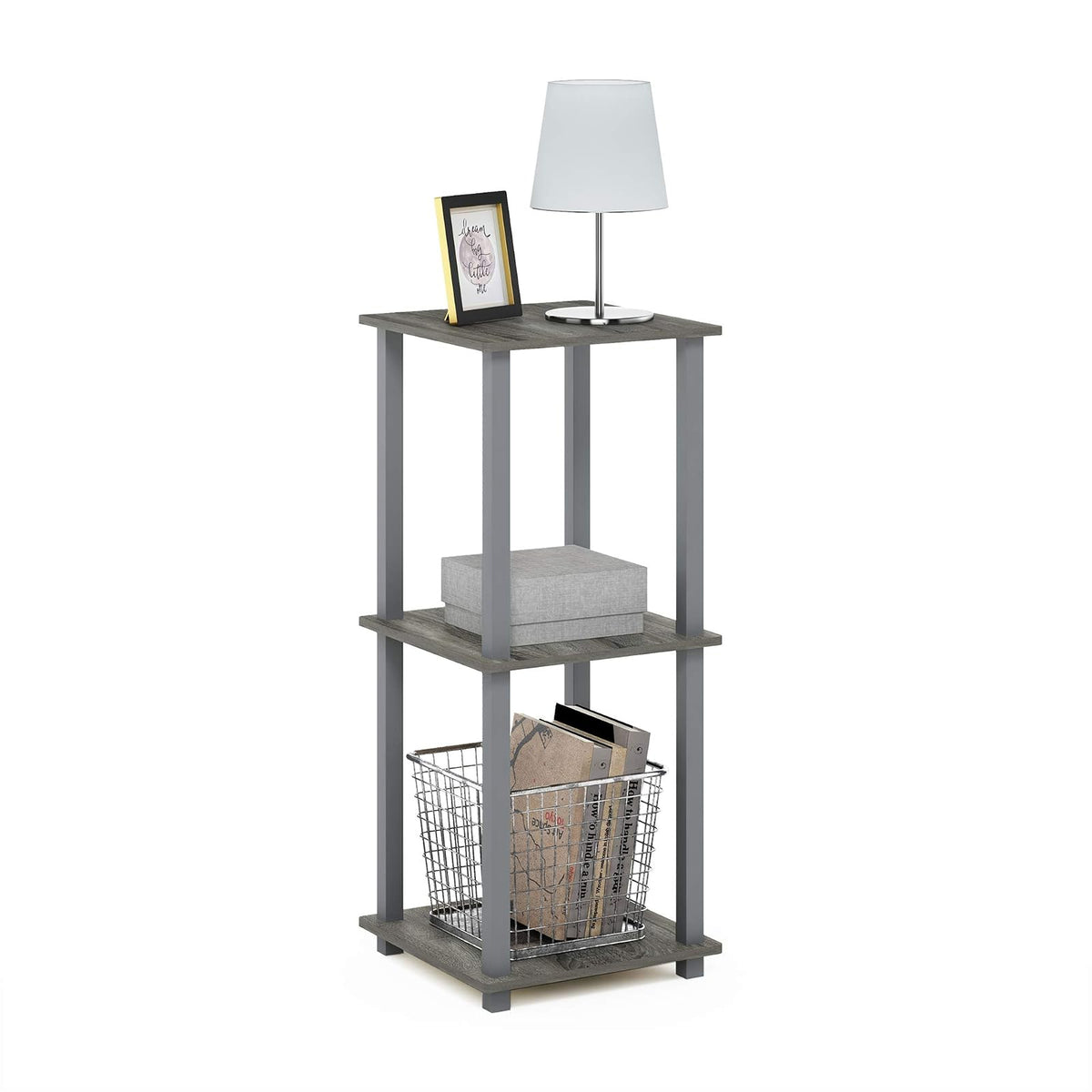 Furinno 12127GYW/GY Simplistic End Table, French Oak Grey, Set of 2 | Mesa auxiliar auxiliar de 2 niveles, compacta, cuadrada, moderna, mesita de noche, mesita de noche, mesita de noche