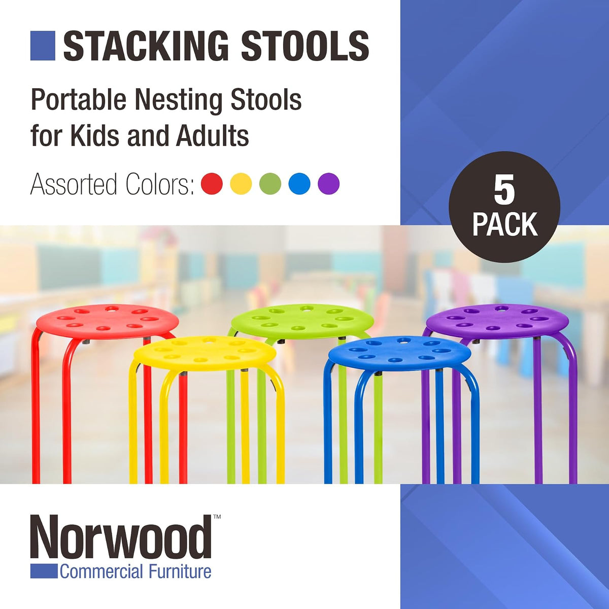 Norwood Commercial Furniture NOR-1101AC-SO Plastic Stack Stools, 17.75" Height, 11.75" Width, 11.75" Length, Assorted Colors (Pack of 5)