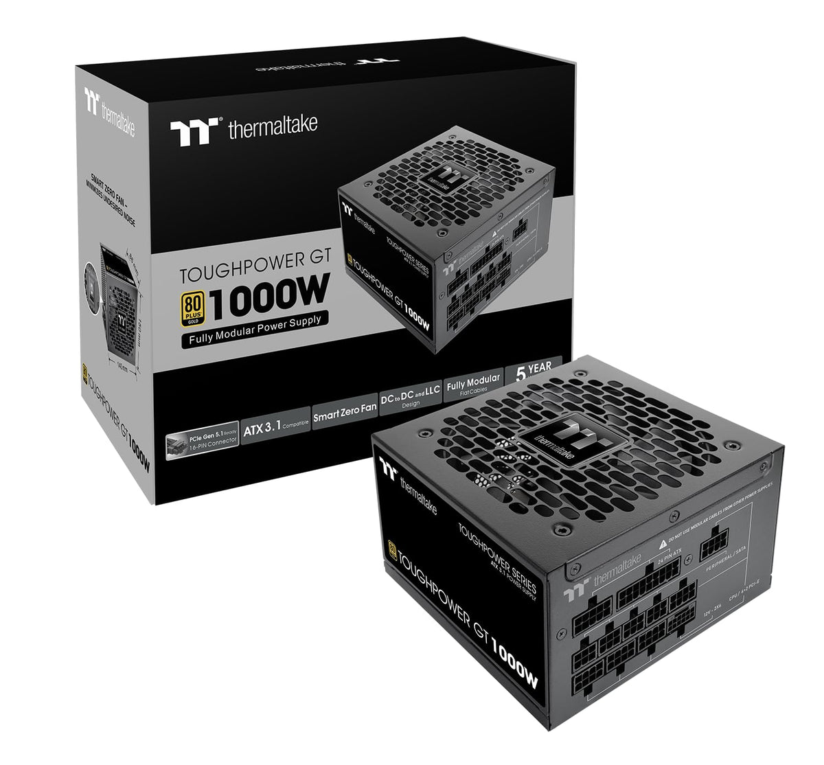 Thermaltake Toughpower GT 1000W; ATX 3.1; PCIe nativo 5.1 12V-2x6; modular completo; cables planos; conectores a juego de color; condensadores principales japoneses; oro 80 Plus; 140 mm; negro; PS-TPT