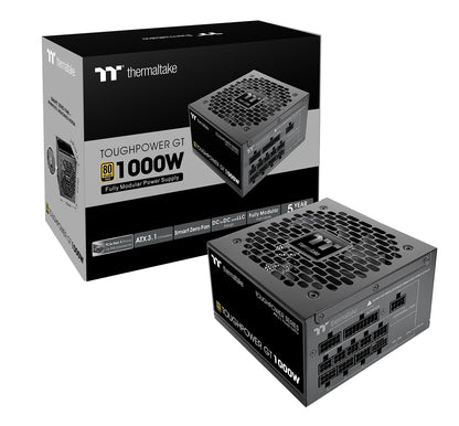 Thermaltake Toughpower GT 1000W; ATX 3.1; PCIe nativo 5.1 12V-2x6; modular completo; cables planos; conectores a juego de color; condensadores principales japoneses; oro 80 Plus; 140 mm; negro; PS-TPT