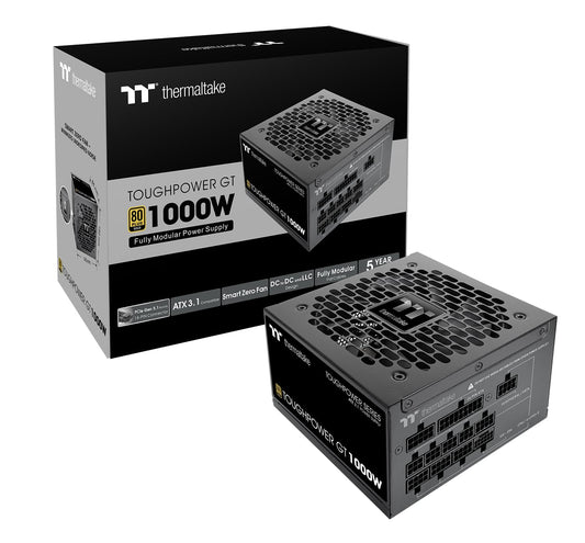 Thermaltake Toughpower GT 1000W; ATX 3.1; PCIe nativo 5.1 12V-2x6; modular completo; cables planos; conectores a juego de color; condensadores principales japoneses; oro 80 Plus; 140 mm; negro; PS-TPT