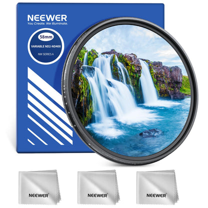 NEEWER 58 mm ND2-400 Filtro ND Variable (1-9 Pasos) con 3 Paños Limpieza, Filtro Densidad Neutra Variable Giratorio Ajustable para Lentes Cámara Vidrio Optico Multicapa para Equilibrar Exposición