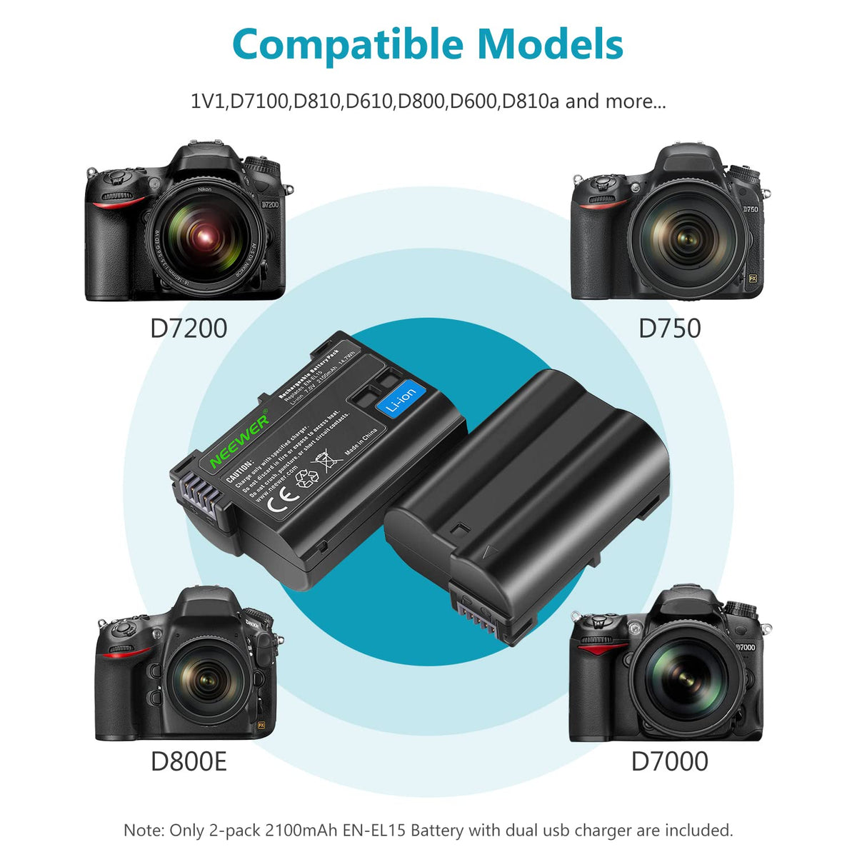 NEEWER EN-EL15 Juego de Cargador de Batería Compatible con Baterías Nikon Z5, Z6, Z6 II, Z7, Z7II, D780, D850, D7500, 1V1, D500, D750, D800, D7000, D7100, D7200(2 Piezas,2100mAh),No Compatible con Z8