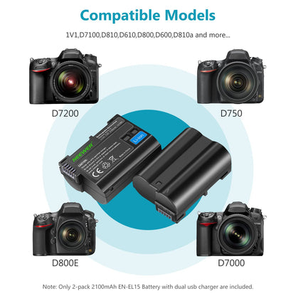 NEEWER EN-EL15 Juego de Cargador de Batería Compatible con Baterías Nikon Z5, Z6, Z6 II, Z7, Z7II, D780, D850, D7500, 1V1, D500, D750, D800, D7000, D7100, D7200(2 Piezas,2100mAh),No Compatible con Z8