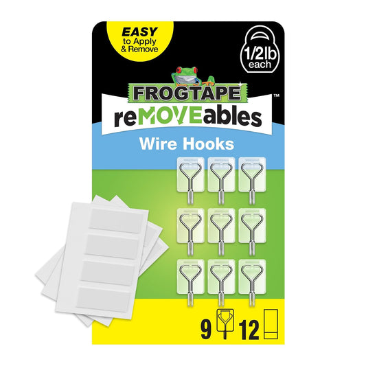 FrogTape reMOVEables - Gancho calcomanía última intervensión de daños, ganchos de pared de alambre pequeño extraíbles y reutilizables para colgar, sin uñas, incluye 9 ganchos y 12 tiras adhesivas