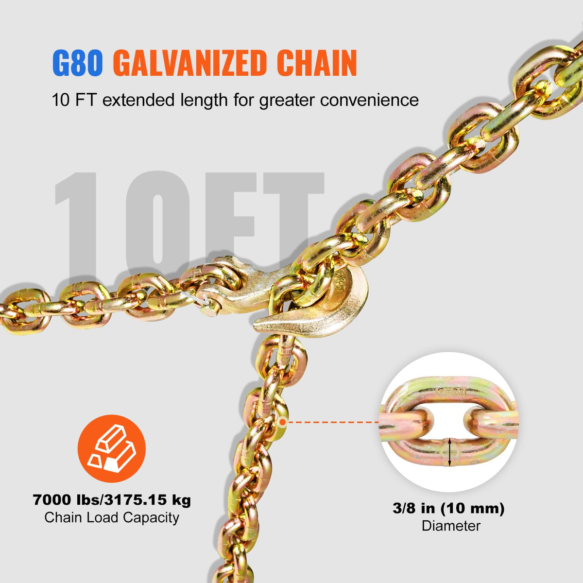 VEVOR - Kit de Cadena y Carpeta de 3/8"-1/2", Carpetas de Carga de carraca de 9000 Libras, límite de Carga de Trabajo, Cadenas G80 de 3/8" x 10' con Ganchos de Agarre, Carpetas de carraca y Cadenas