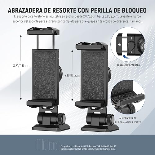NEEWER Adaptador Trípode Metálico Movil con Base Liberación Rápida Arca, Zapata Fría, Giro 360° Inclinación 180°, Soporte Teléfono Compatible con iPhone 17 Pro MAX 16 15 Samsung Galaxy S25 Ultra S24