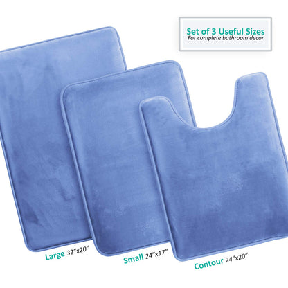 Clara Clark - Juego de 3 Alfombrillas de baño de Espuma viscoelástica de Terciopelo para baño, Antideslizantes, con Respaldo de PVC, Lavable, se Seca rápidamente, Color Azul