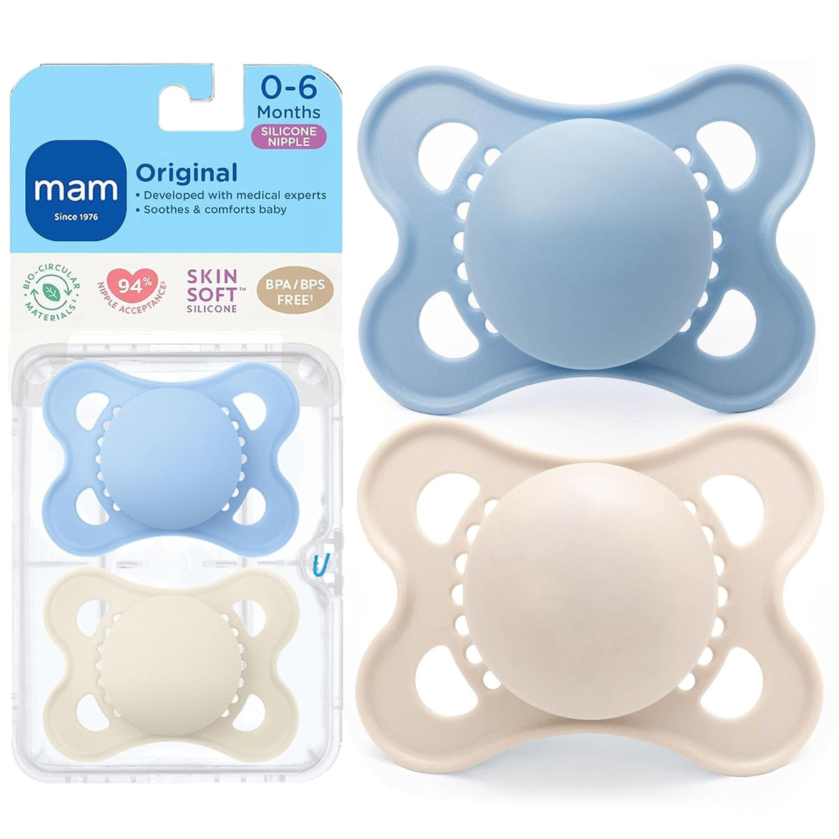 Mam - Chupón Original Mate para bebé, con Forma de pezón Que Ayuda a Promover un Desarrollo Oral Saludable, Estuche esterilizador, niño y niña, 0-6 Meses (2 Unidades).