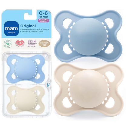 Mam - Chupón Original Mate para bebé, con Forma de pezón Que Ayuda a Promover un Desarrollo Oral Saludable, Estuche esterilizador, niño y niña, 0-6 Meses (2 Unidades).