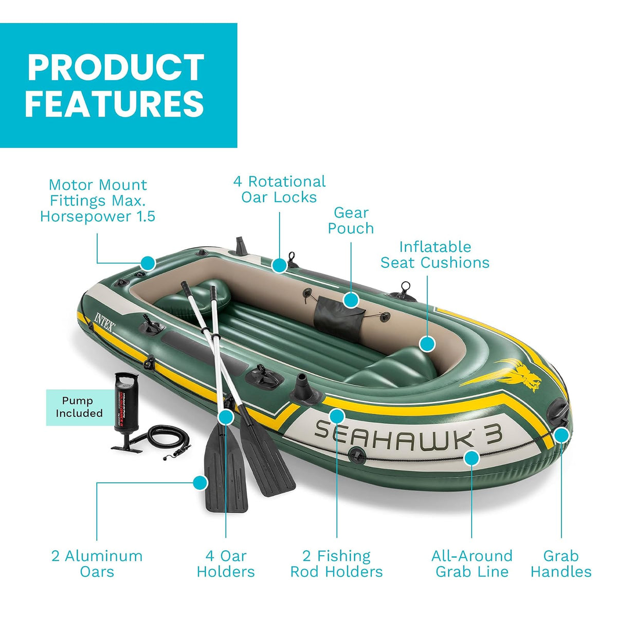 Serie Inflable INTEX Seahawk para Botes: Incluye remos de Lujo y Bomba de Alto Rendimiento, PVC superfuerte, Soportes para caña de Pescar, cerraduras de remos soldadas, asa de Agarre Resistente
