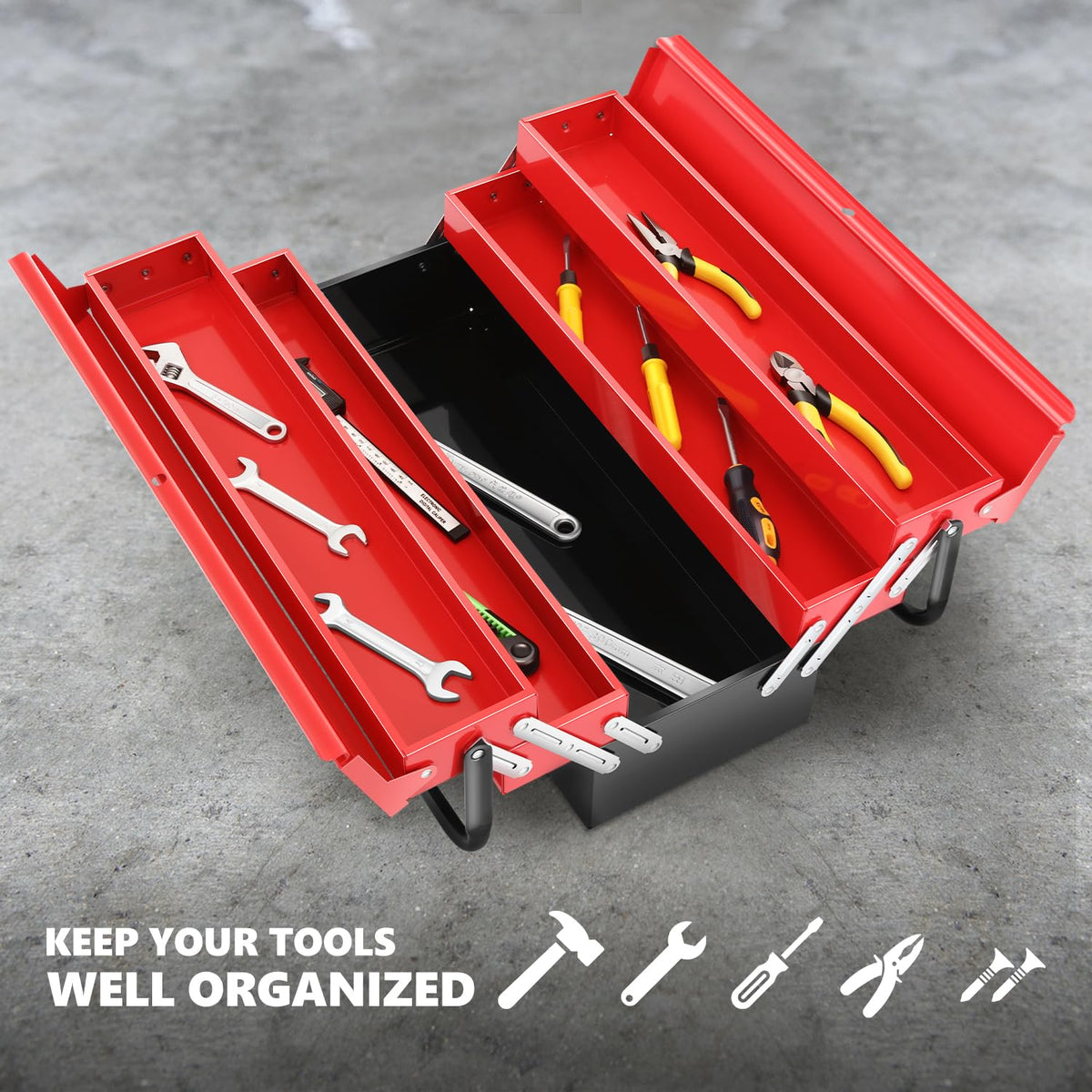 DNA Motoring Caja de Herramientas de Metal de 21 Pulgadas, 3 Capas, 5 cajones organizadores, Caja de Herramientas Plegable multifunción para el hogar, almacén, Taller de Reparaciones, TOOLS-00412