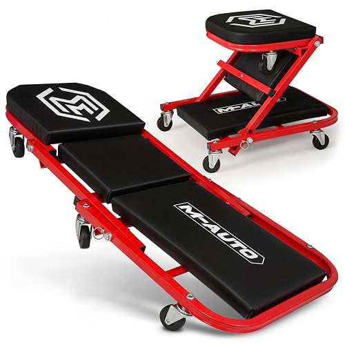 M-Auto Asiento Plegable de 40 Pulgadas, Silla de cochera Ajustable Todo en uno, para tumbarse o Sentarse, Capacidad de 330 Libras Debajo del Automóvil con 6 Ruedas giratorias, Rojo
